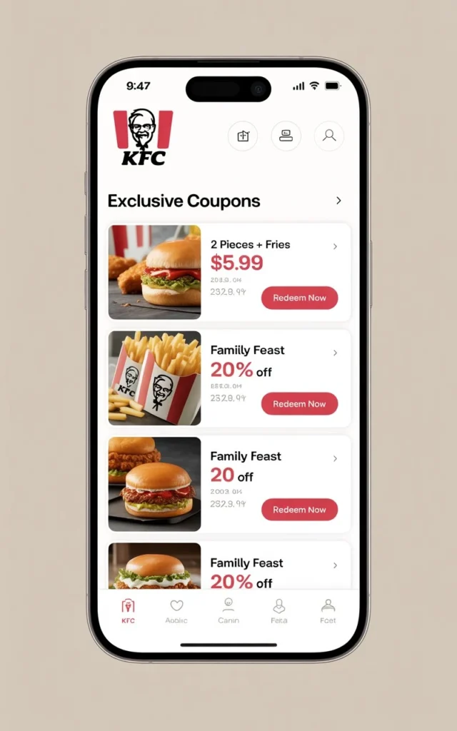 KFC Canada app interface showing exclusive coupons