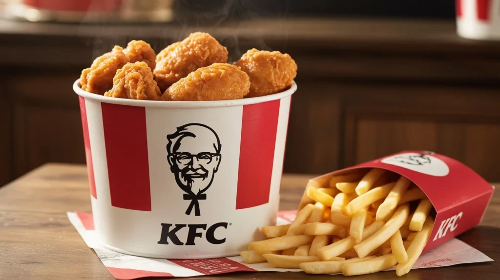 KFC Canada red bucket meal with fries on table