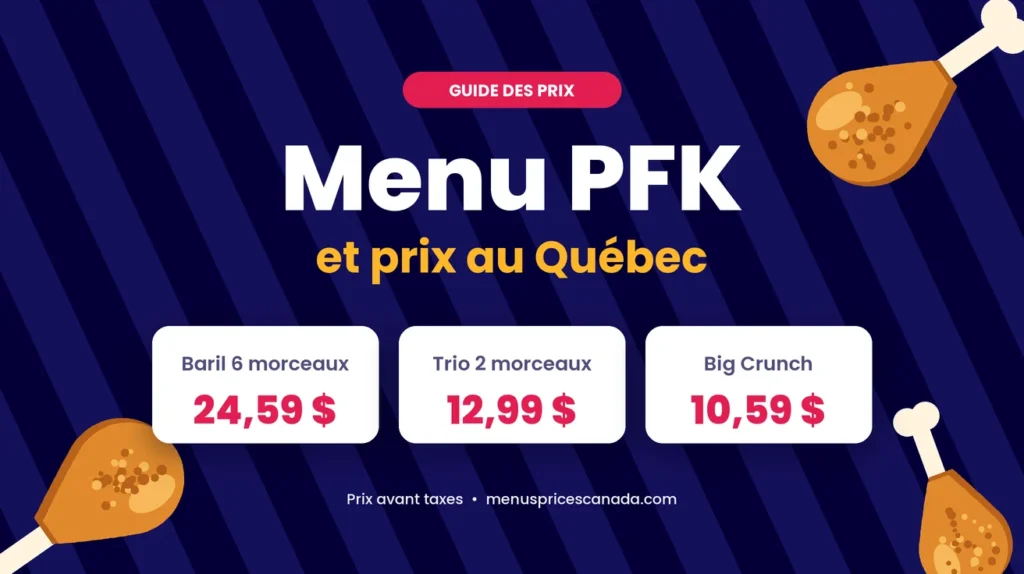 Menu PFK au Québec avec les prix des barils, des trios et des sandwichs